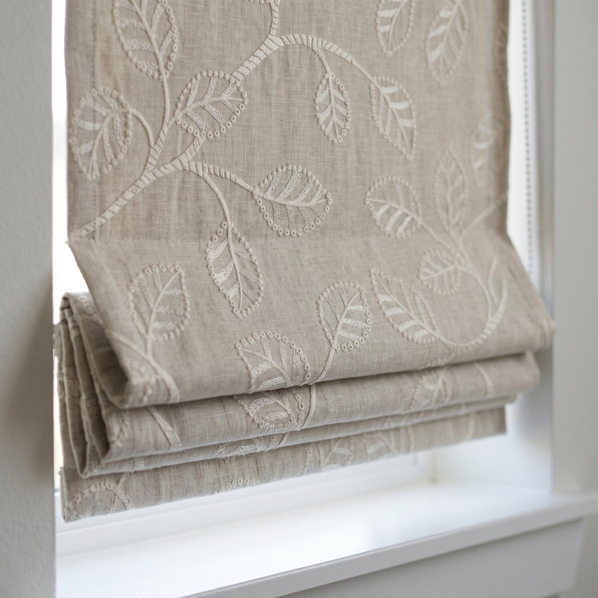 Ivory Botanical Embroidered Linen Roman Shade, Custom Blackout or Cotton Lined Corded Window Blind, Natural Oatmeal — image 6