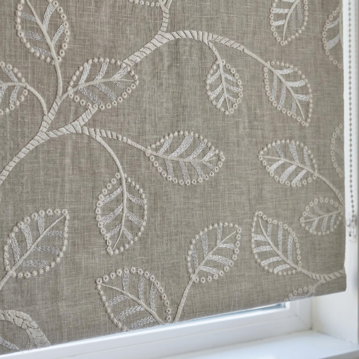 Ivory Botanical Embroidered Linen Roman Shade, Custom Blackout or Cotton Lined Corded Window Blind, Natural Oatmeal — image 9