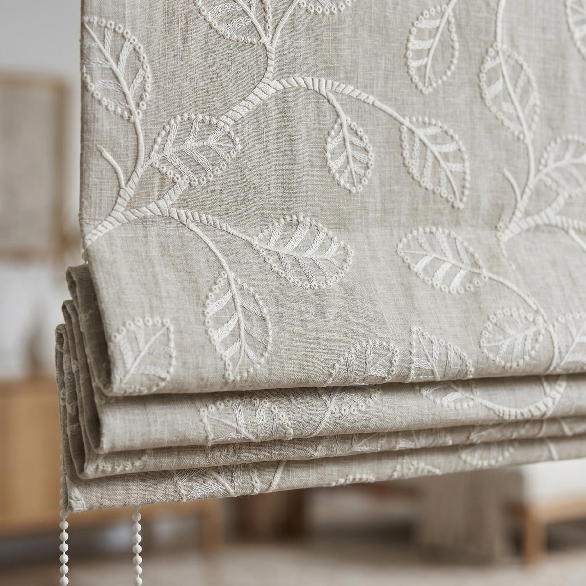 Ivory Botanical Embroidered Linen Roman Shade, Custom Blackout or Cotton Lined Corded Window Blind, Natural Oatmeal — image 1