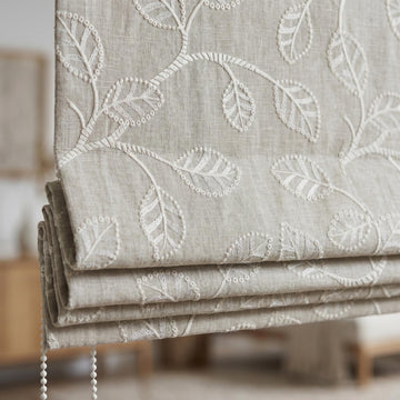 Ivory Botanical Embroidered Linen Roman Shade, Custom Blackout or Cotton Lined Corded Window Blind, Natural Oatmeal — image 1