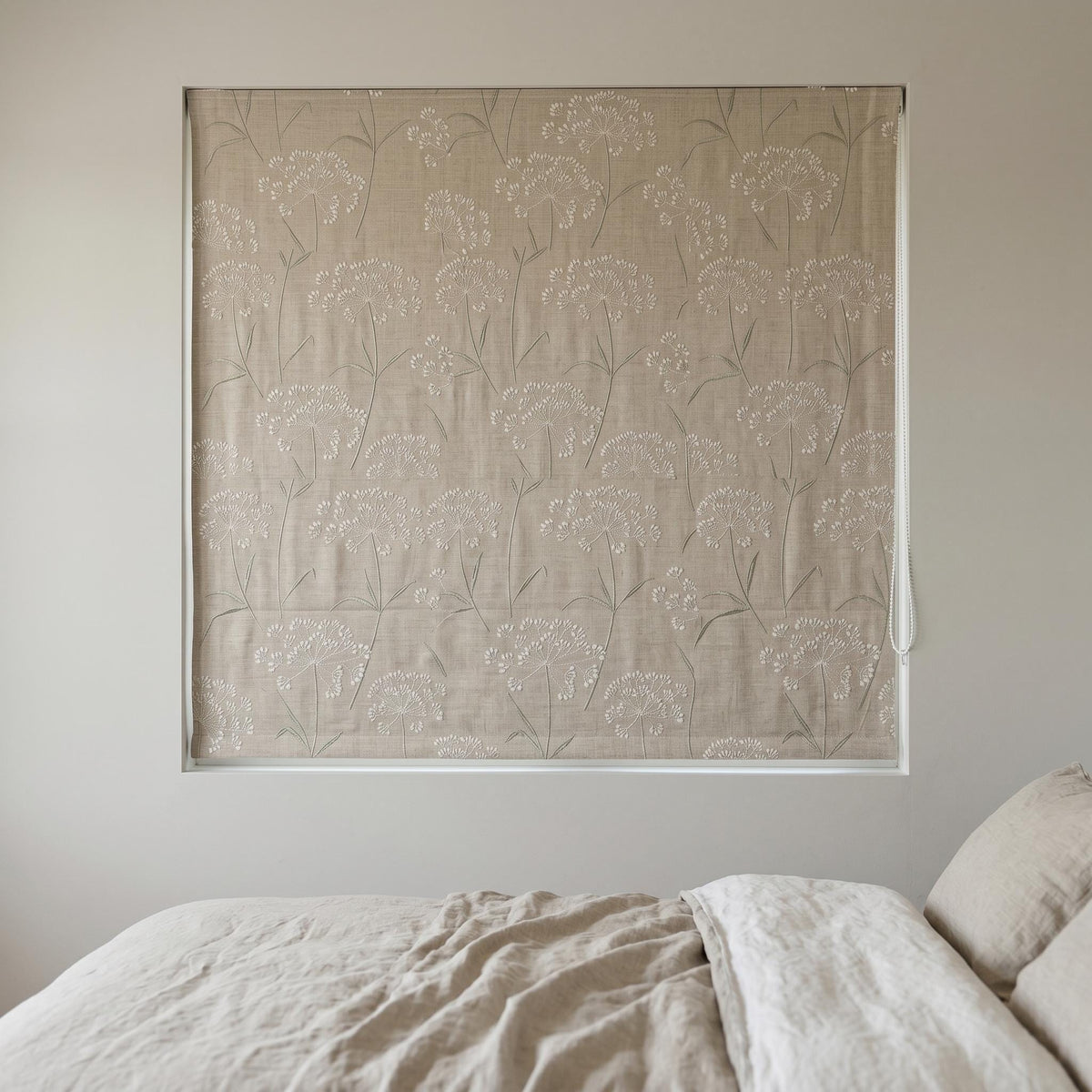 Beige Ivory Wildflower Embroidered Linen Roman Shade, Custom Blackout or Cotton Lined Corded Window Blind, Sage Floral — image 9