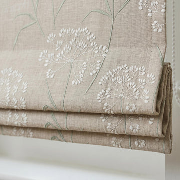 Beige Ivory Wildflower Embroidered Linen Roman Shade, Custom Blackout or Cotton Lined Corded Window Blind, Sage Floral — image 1