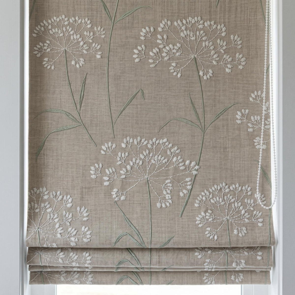Beige Ivory Wildflower Embroidered Linen Roman Shade, Custom Blackout or Cotton Lined Corded Window Blind, Sage Floral — image 7