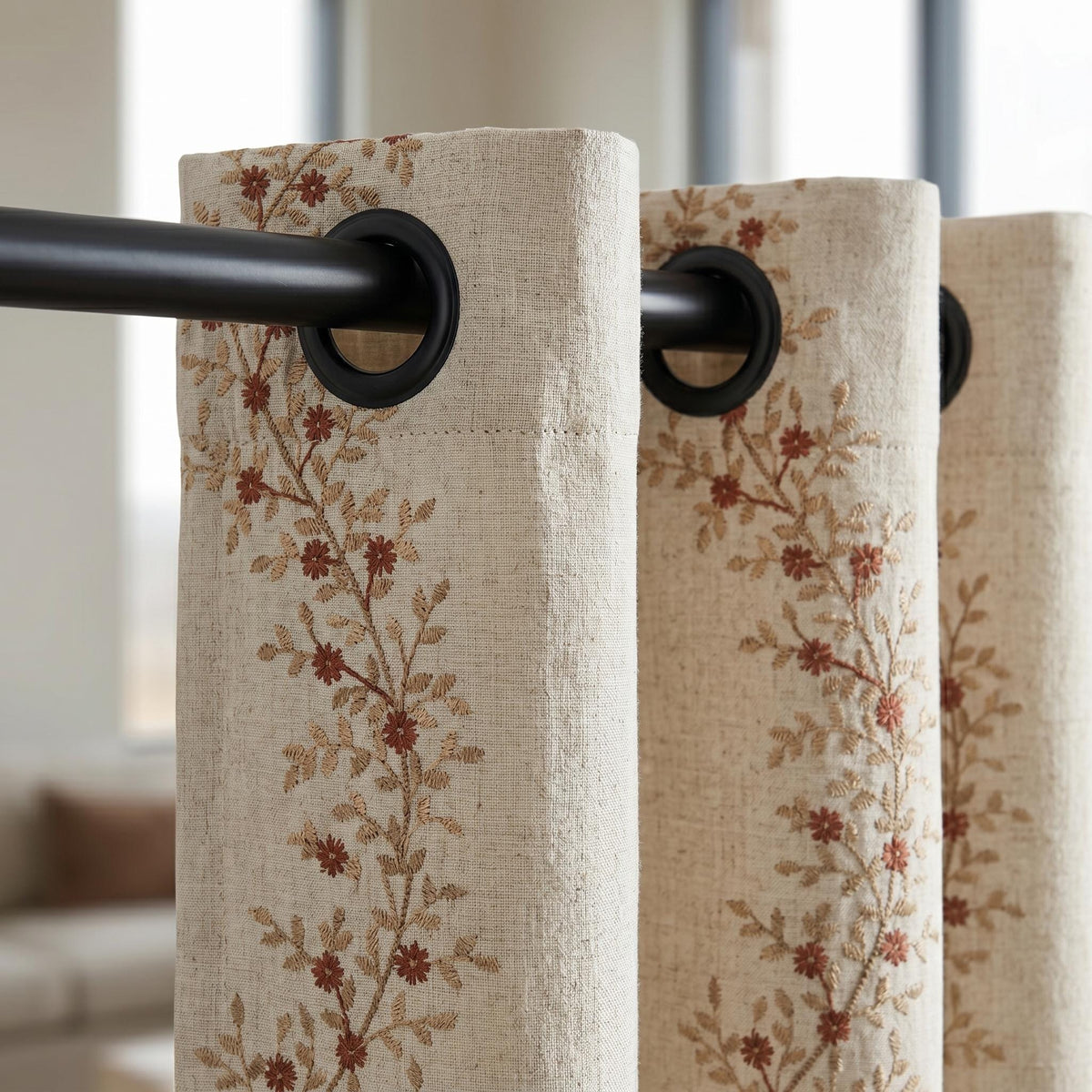 Rust Red Floral Vine Embroidered Linen Curtains, Natural Beige Heavy Drapes, Custom Blackout Cotton Lined Panels — image 6