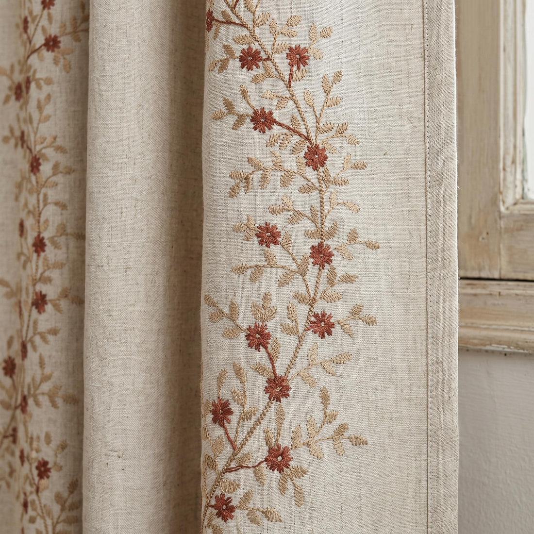 Rust Red Floral Vine Embroidered Linen Curtains, Natural Beige Heavy Drapes, Custom Blackout Cotton Lined Panels — image 1