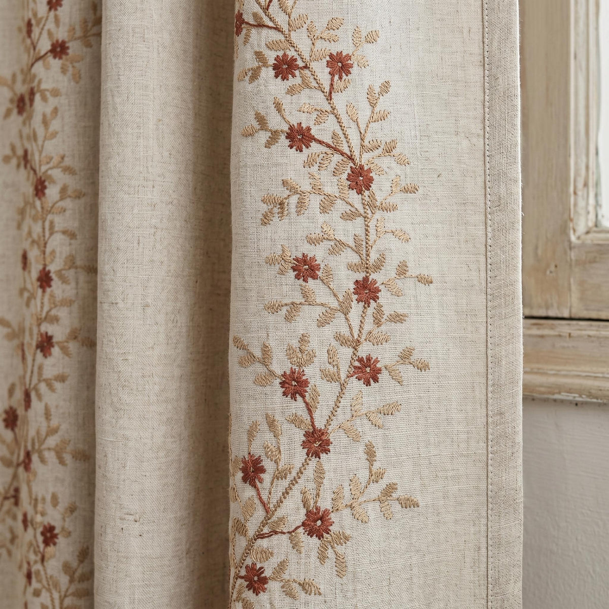 Rust Red Floral Vine Embroidered Linen Curtains, Natural Beige Heavy Drapes, Custom Blackout Cotton Lined Panels — image 2