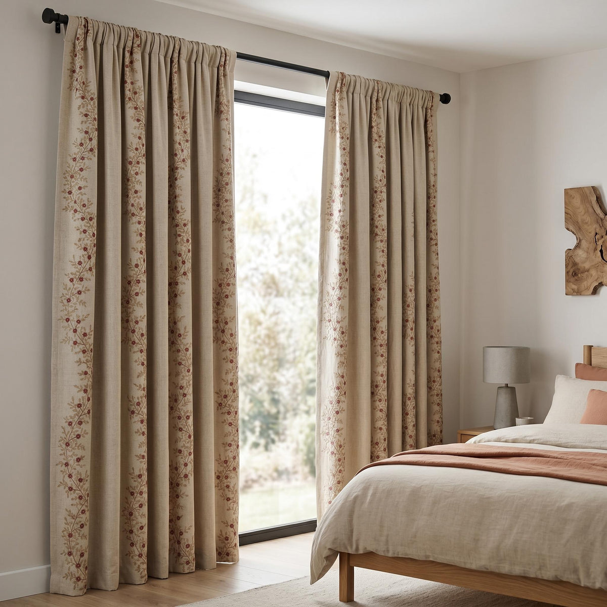 Rust Red Floral Vine Embroidered Linen Curtains, Natural Beige Heavy Drapes, Custom Blackout Cotton Lined Panels — image 7