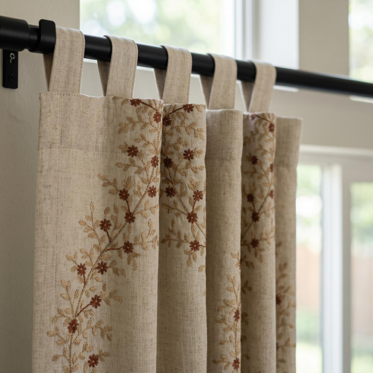 Rust Red Floral Vine Embroidered Linen Curtains, Natural Beige Heavy Drapes, Custom Blackout Cotton Lined Panels — image 4