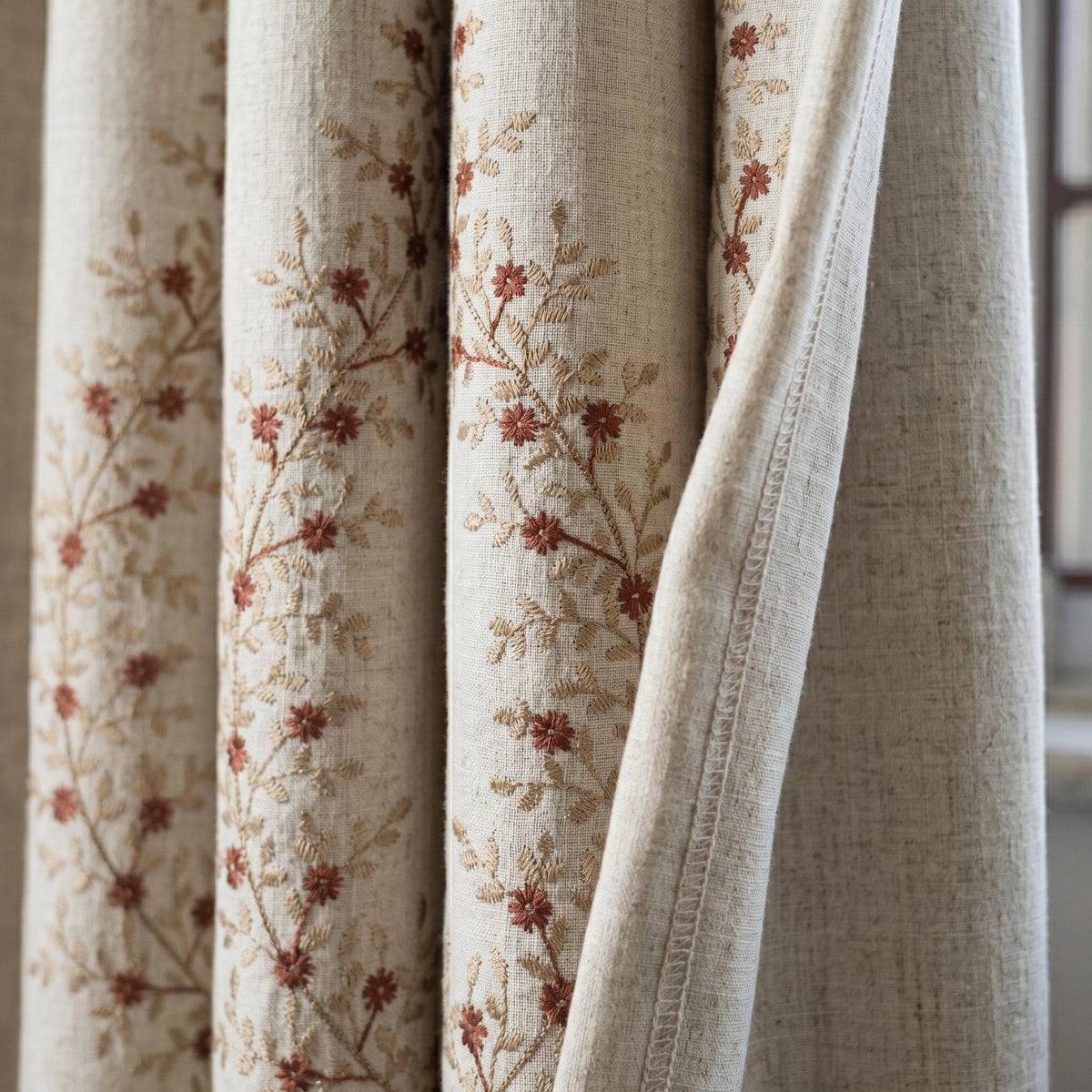 Rust Red Floral Vine Embroidered Linen Curtains, Natural Beige Heavy Drapes, Custom Blackout Cotton Lined Panels — image 9