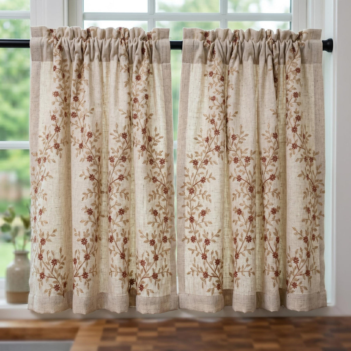 Rust Red Floral Vine Embroidered Linen Curtains, Natural Beige Heavy Drapes, Custom Blackout Cotton Lined Panels — image 8