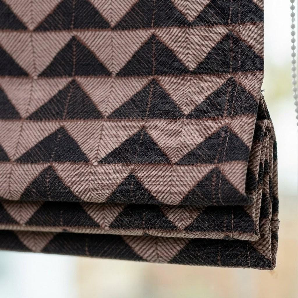 Boho Tribal Roman Shade, Black Beige Rust Geometric Cotton Corded Blind, Custom Blackout or Light Filtering Window Shade — image 1