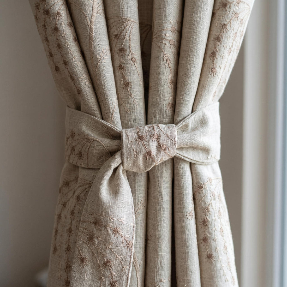 Taupe Brown Willow Floral Embroidered Linen Curtains, Natural Beige Heavy Drapes, Custom Blackout Cotton Lined Panels — image 1