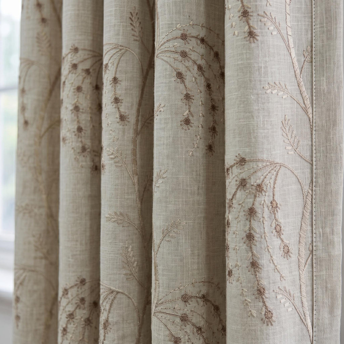 Taupe Brown Willow Floral Embroidered Linen Curtains, Natural Beige Heavy Drapes, Custom Blackout Cotton Lined Panels — image 1