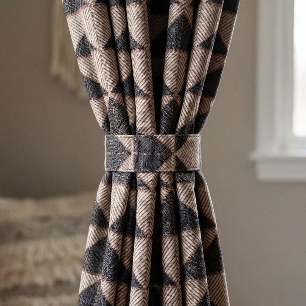 Ivory Rust Black Tribal Cotton Curtains, Heavy Boho Drapes, Custom Blackout Cafe Curtain Panels — image 2