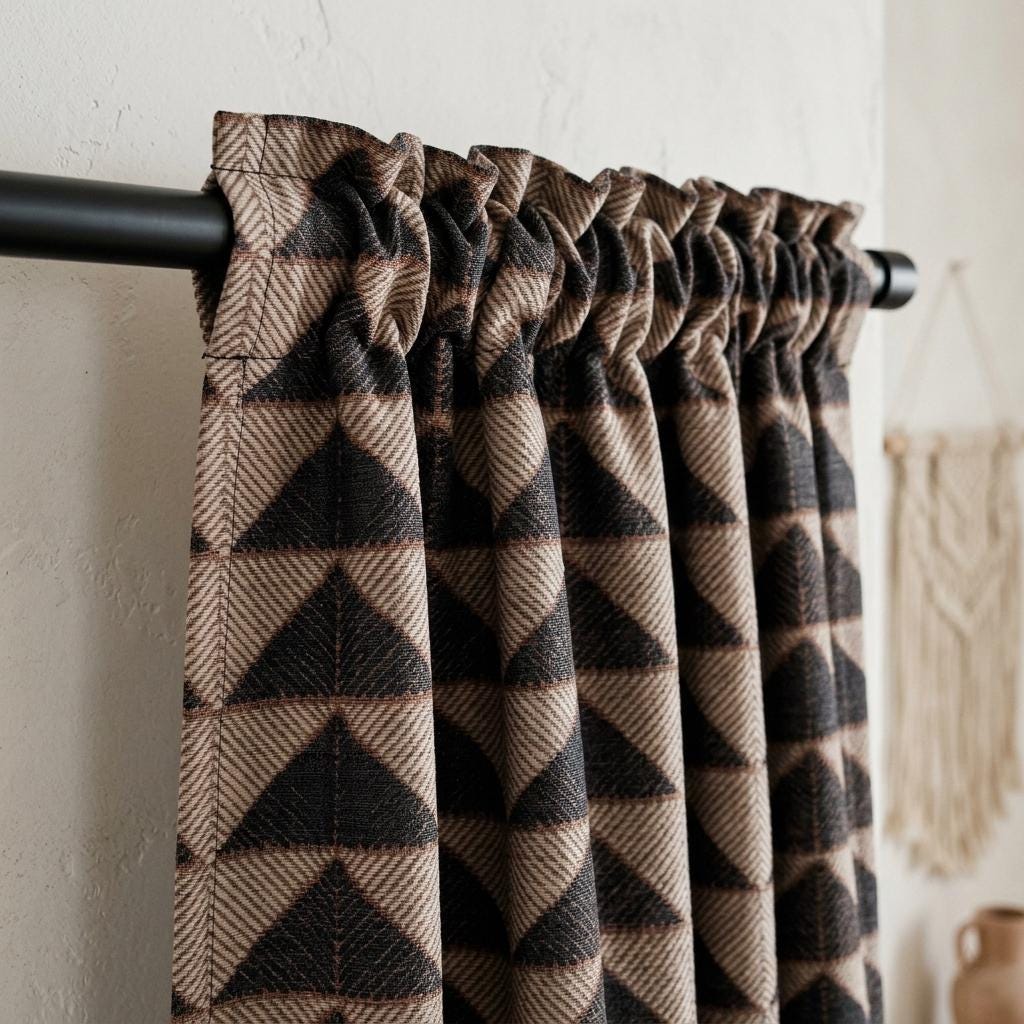 Ivory Rust Black Tribal Cotton Curtains, Heavy Boho Drapes, Custom Blackout Cafe Curtain Panels — image 1