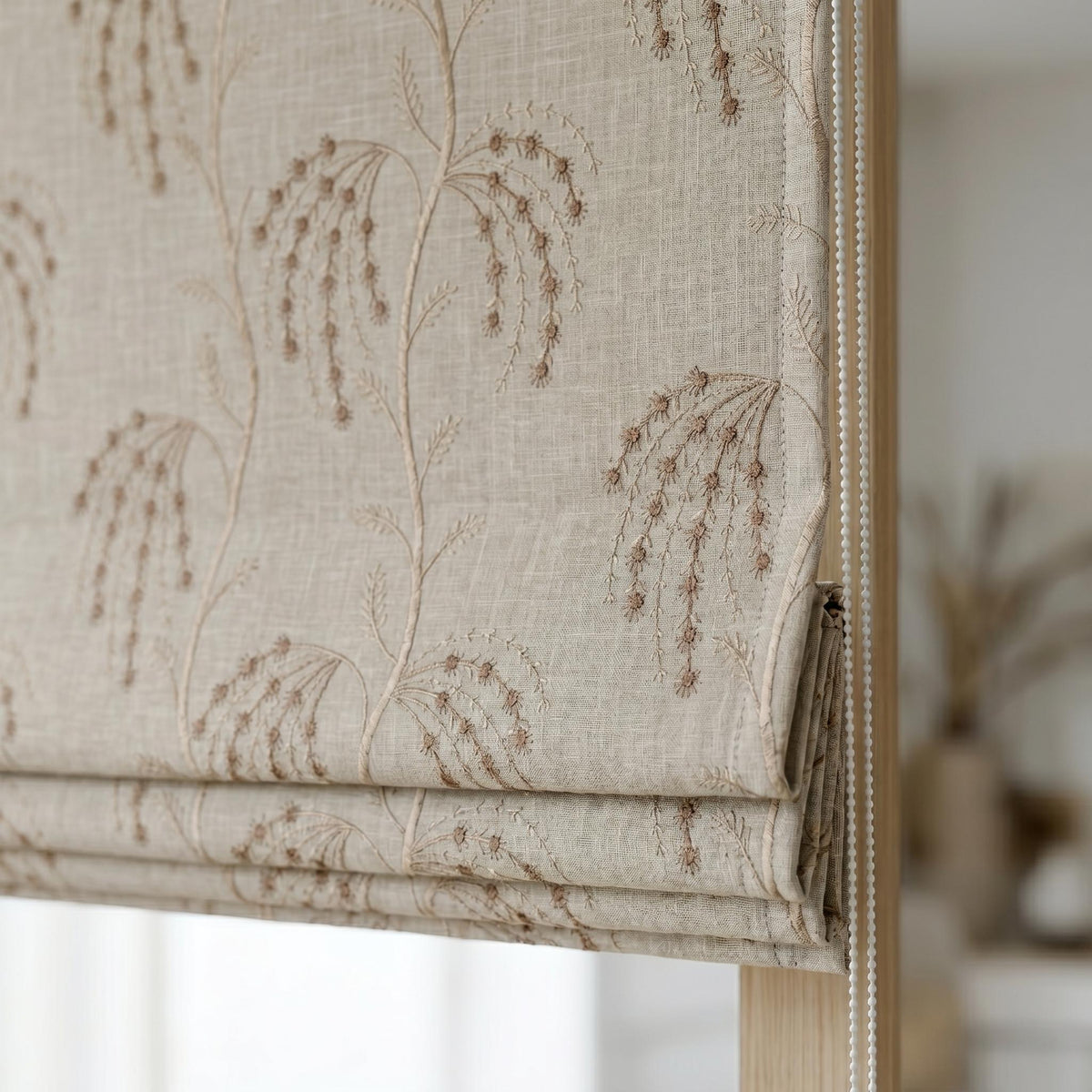 Taupe Floral Embroidered Linen Roman Shade, Custom Blackout or Cotton Lined Corded Window Blind, Beige Botanical Blind — image 3