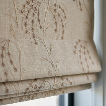 Taupe Floral Embroidered Linen Roman Shade, Custom Blackout or Cotton Lined Corded Window Blind, Beige Botanical Blind — image 1