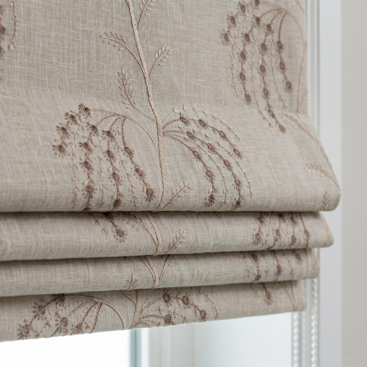 Taupe Floral Embroidered Linen Roman Shade, Custom Blackout or Cotton Lined Corded Window Blind, Beige Botanical Blind — image 8