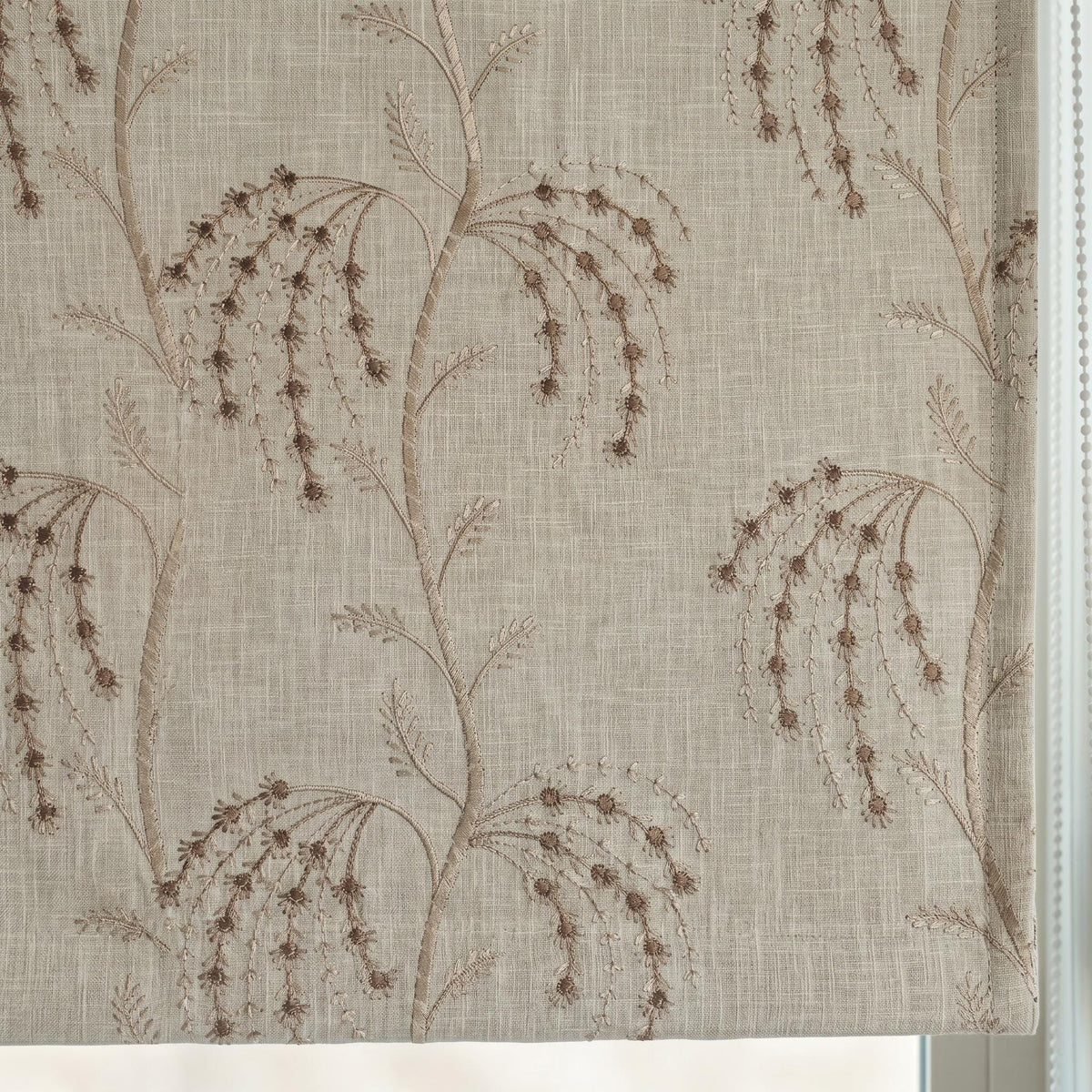 Taupe Floral Embroidered Linen Roman Shade, Custom Blackout or Cotton Lined Corded Window Blind, Beige Botanical Blind — image 9