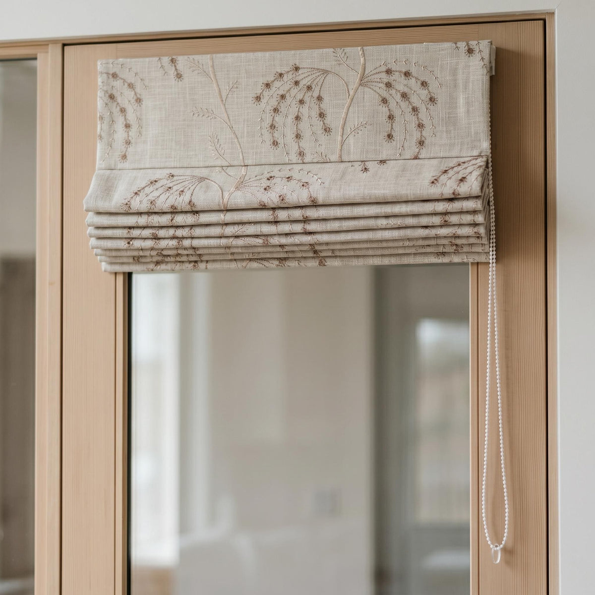 Taupe Floral Embroidered Linen Roman Shade, Custom Blackout or Cotton Lined Corded Window Blind, Beige Botanical Blind — image 4