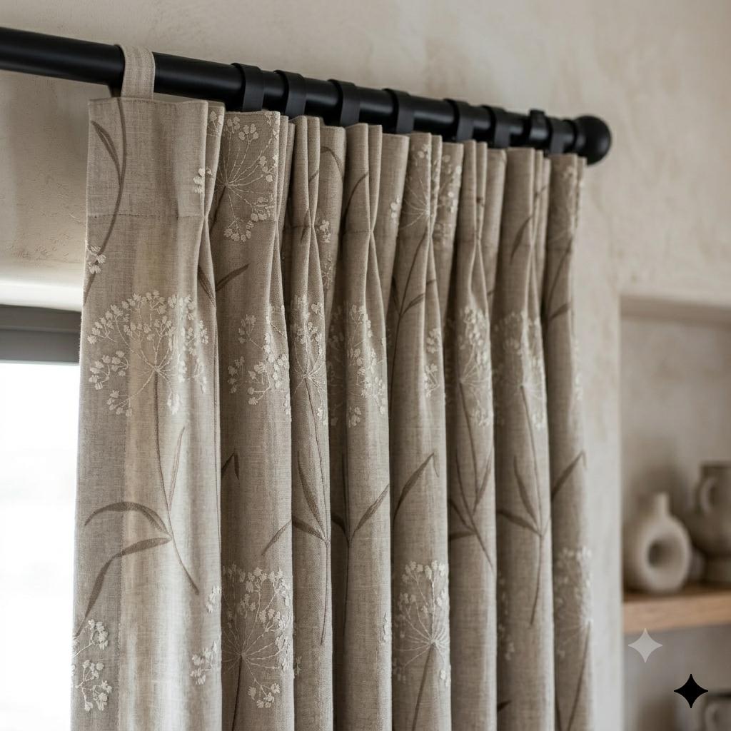 Ivory Taupe Wildflower Embroidered Linen Curtains, Natural Beige Heavy Drapes, Custom Blackout Cotton Lined Panels — image 10
