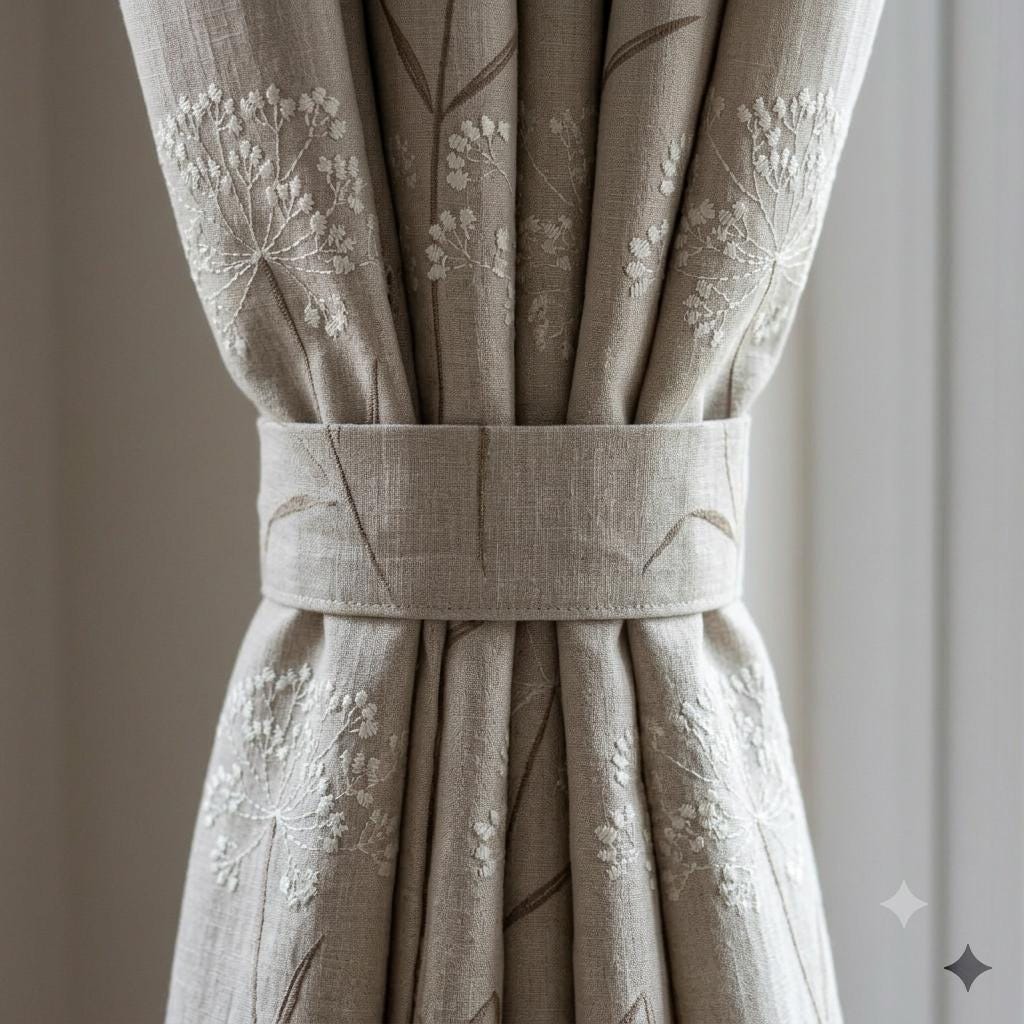 Ivory Taupe Wildflower Embroidered Linen Curtains, Natural Beige Heavy Drapes, Custom Blackout Cotton Lined Panels — image 2