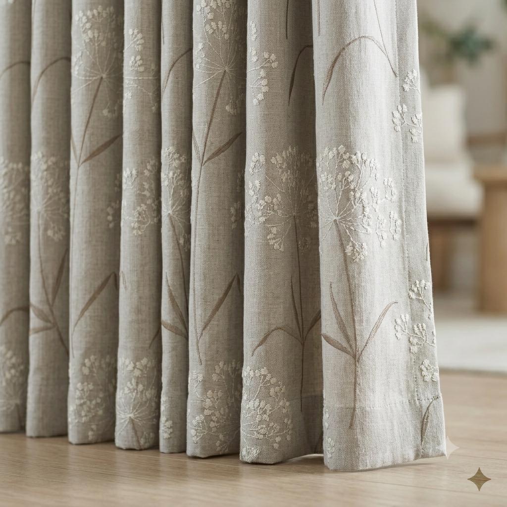 Ivory Taupe Wildflower Embroidered Linen Curtains, Natural Beige Heavy Drapes, Custom Blackout Cotton Lined Panels — image 5