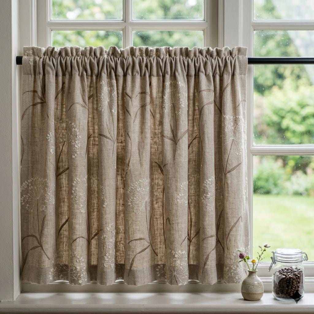 Ivory Taupe Wildflower Embroidered Linen Curtains, Natural Beige Heavy Drapes, Custom Blackout Cotton Lined Panels — image 7