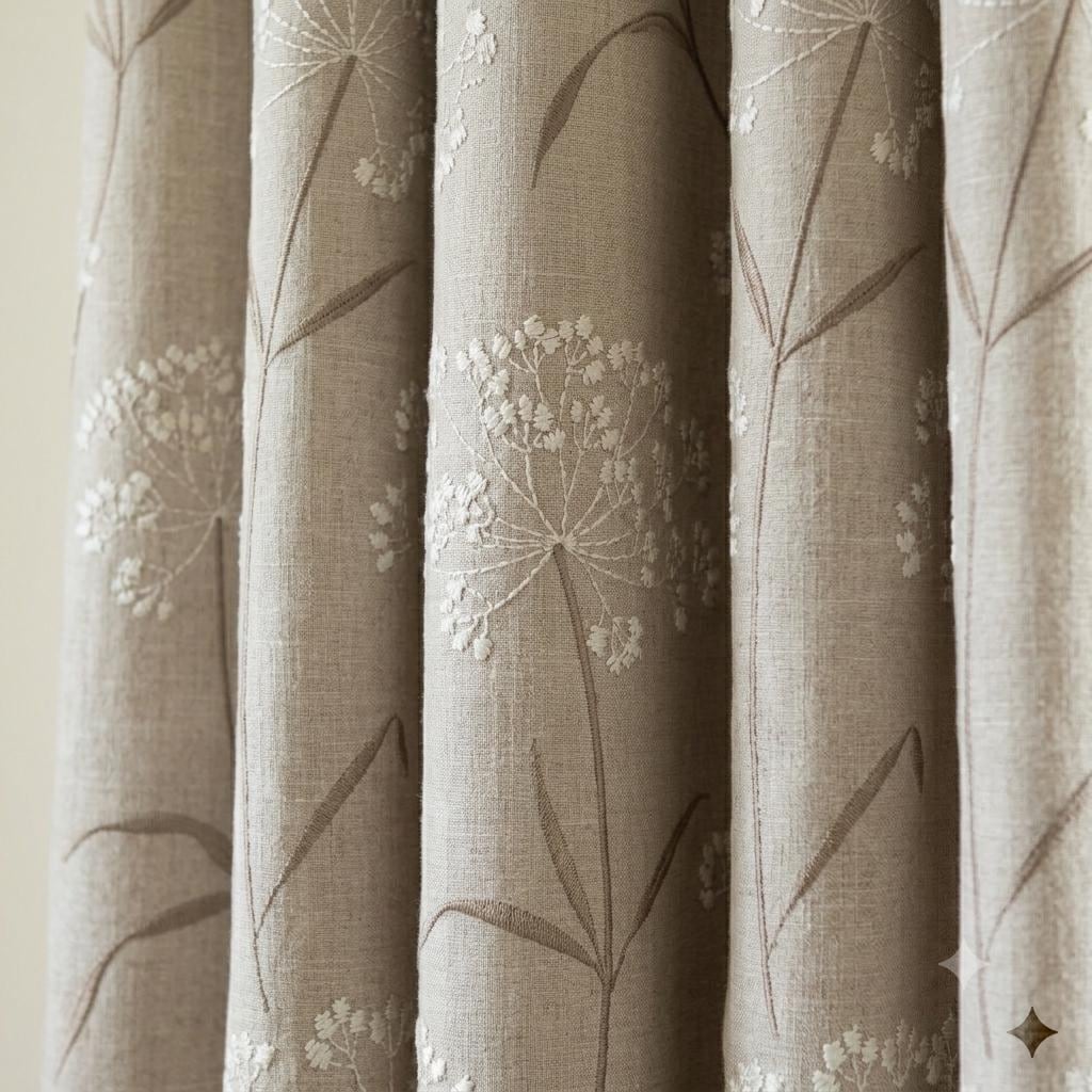 Ivory Taupe Wildflower Embroidered Linen Curtains, Natural Beige Heavy Drapes, Custom Blackout Cotton Lined Panels — image 3