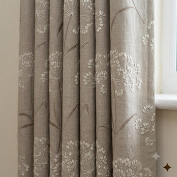 Ivory Taupe Wildflower Embroidered Linen Curtains, Natural Beige Heavy Drapes, Custom Blackout Cotton Lined Panels — image 1