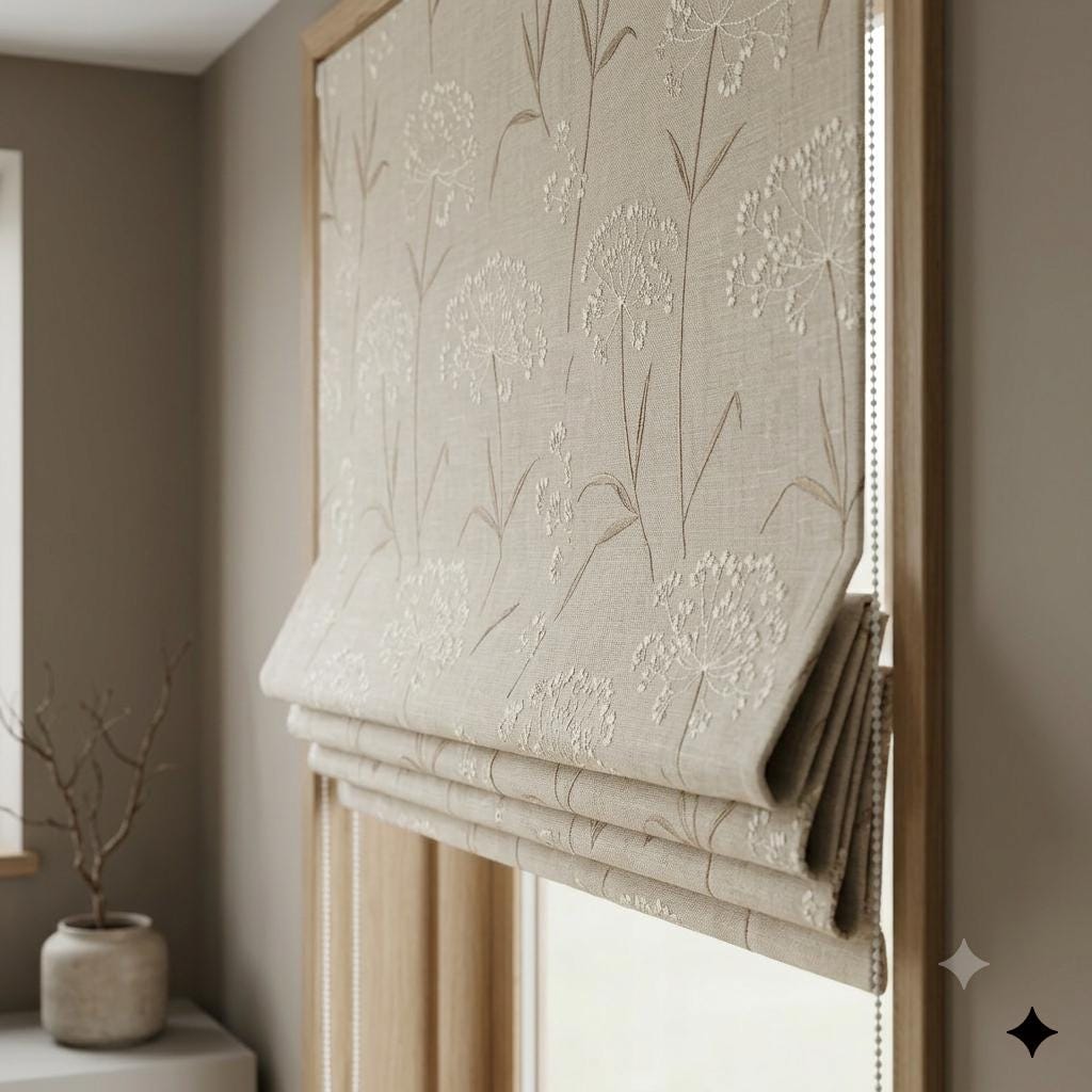 Beige Ivory Wildflower Embroidered Linen Roman Shade, Custom Blackout or Cotton Lined Corded Window Blind, Brown Stem Blind — image 7