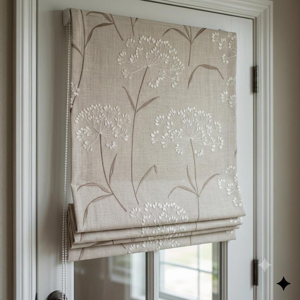 Beige Ivory Wildflower Embroidered Linen Roman Shade, Custom Blackout or Cotton Lined Corded Window Blind, Brown Stem Blind — image 5
