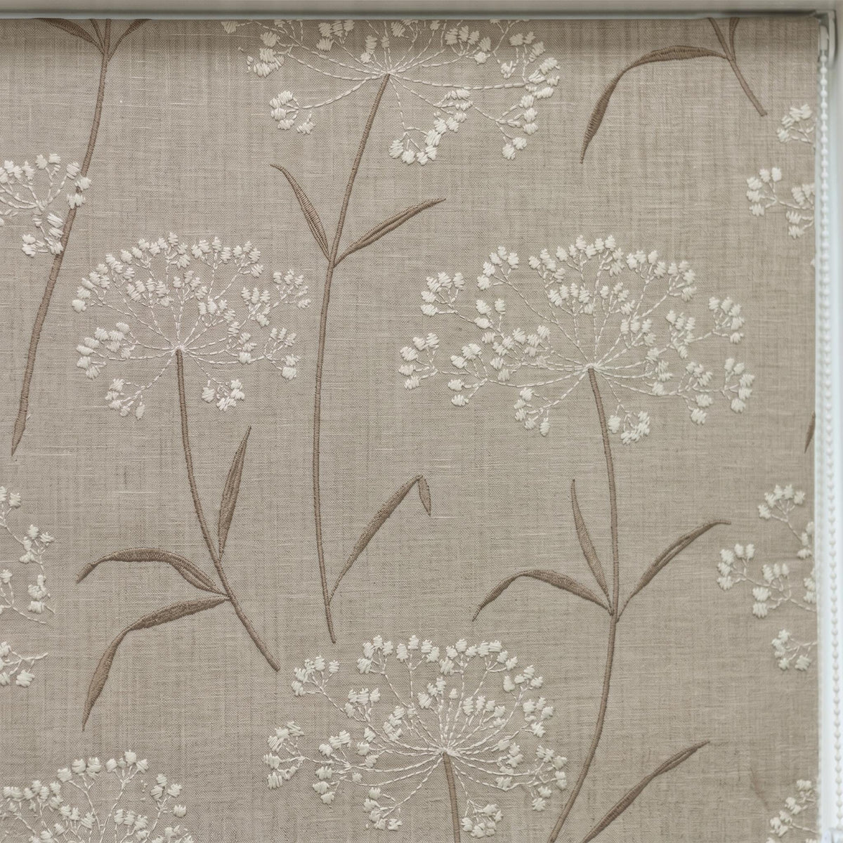 Beige Ivory Wildflower Embroidered Linen Roman Shade, Custom Blackout or Cotton Lined Corded Window Blind, Brown Stem Blind — image 10