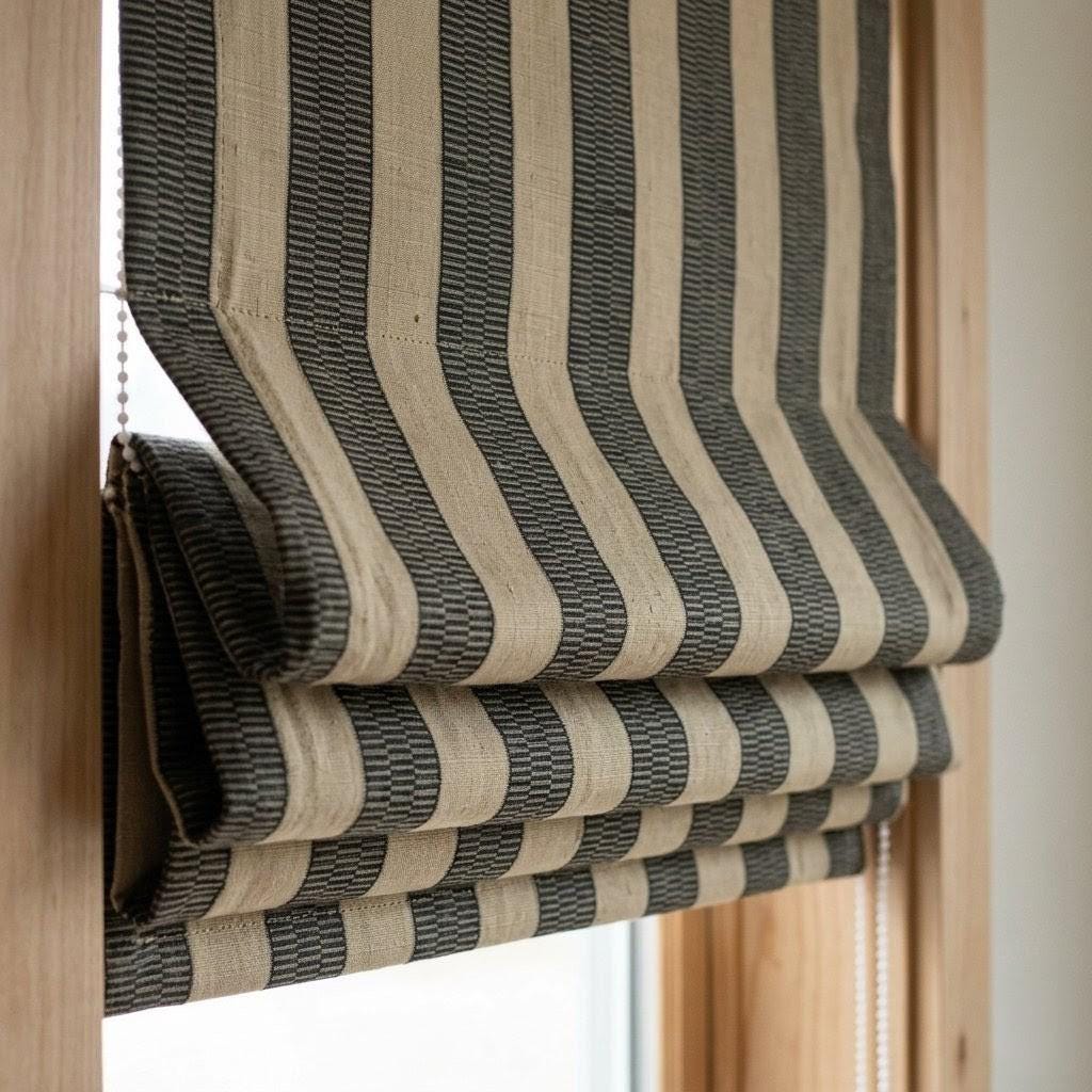 Striped Roman Shade, Beige Black Tribal Cotton Corded Blind, Custom Blackout or Light Filtering Boho Window Shade — image 1
