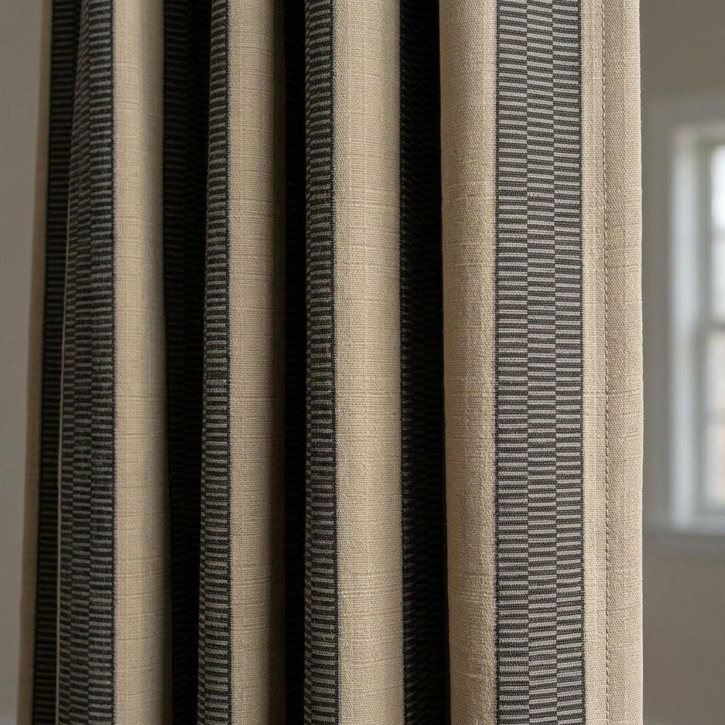 Beige Black Tribal Stripe Cotton Curtains, Heavy Boho Farmhouse Drapes, Custom Blackout Cafe Curtain Panels — image 1