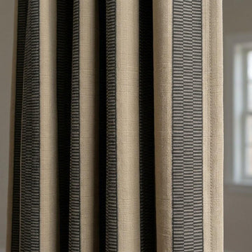 Beige Black Tribal Stripe Cotton Curtains, Heavy Boho Farmhouse Drapes, Custom Blackout Cafe Curtain Panels — image 1