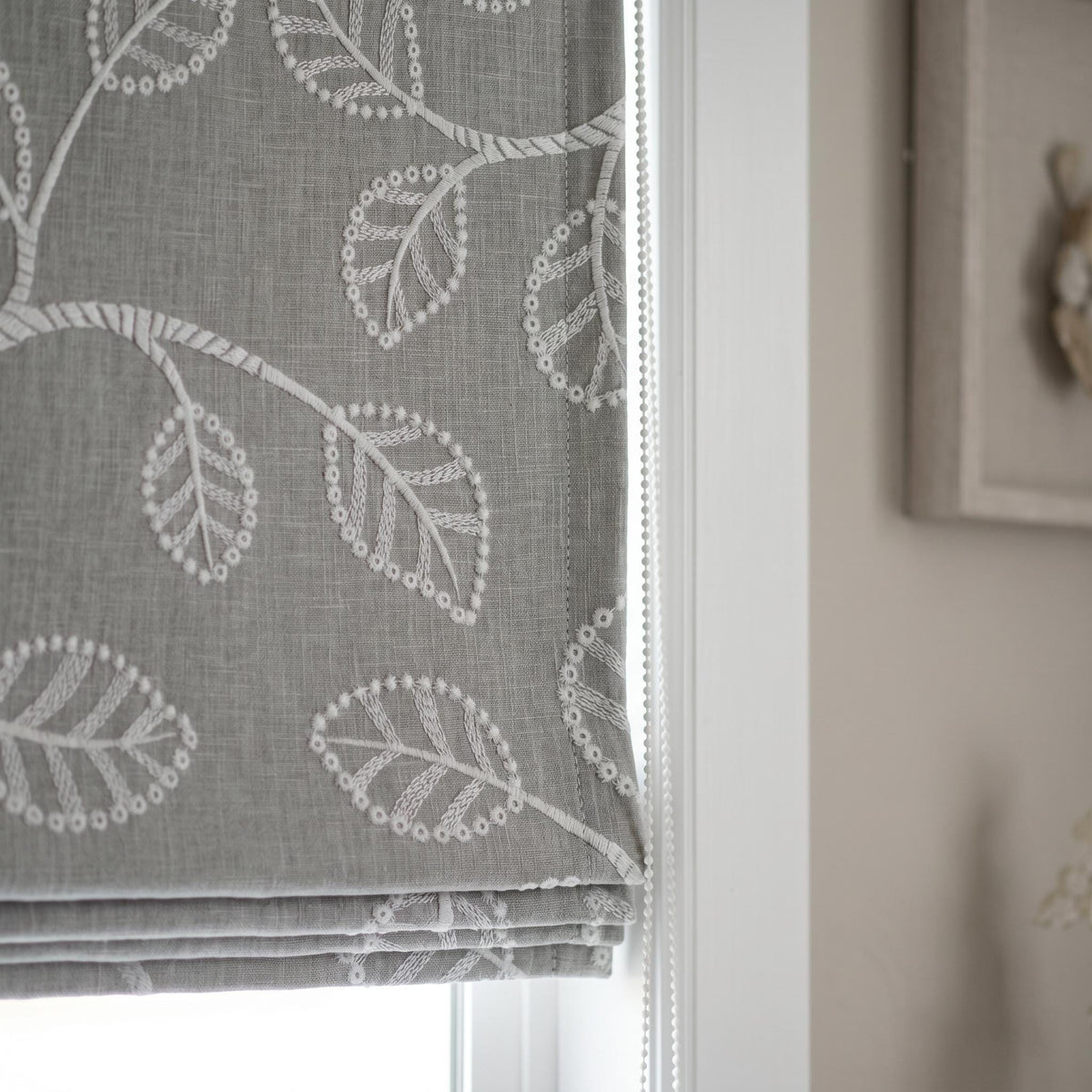Ivory Leaf Vine Embroidered Linen Roman Shade, Custom Blackout or Cotton Lined Corded Window Blind, Dove Grey Blind — image 6