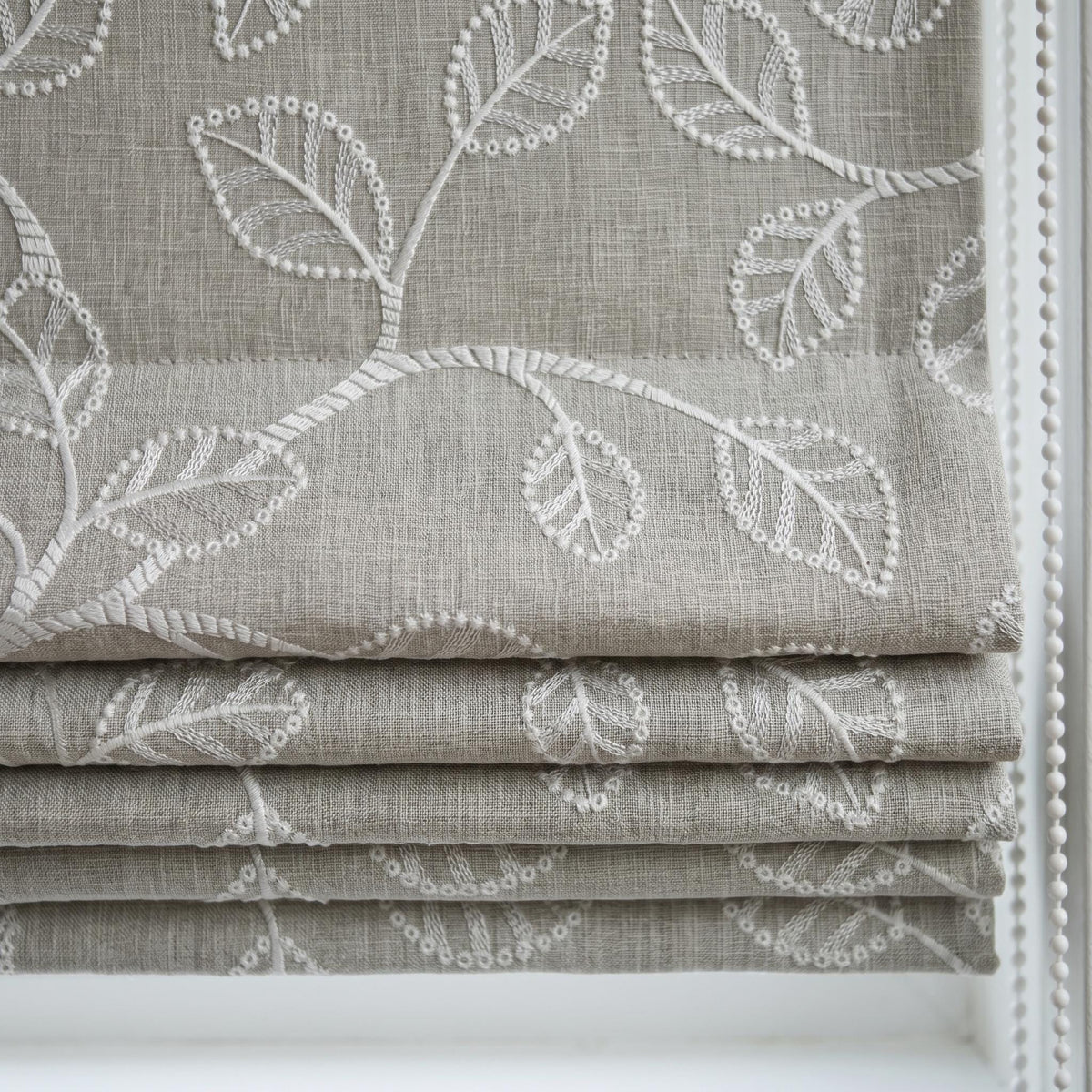 Ivory Leaf Vine Embroidered Linen Roman Shade, Custom Blackout or Cotton Lined Corded Window Blind, Dove Grey Blind — image 7