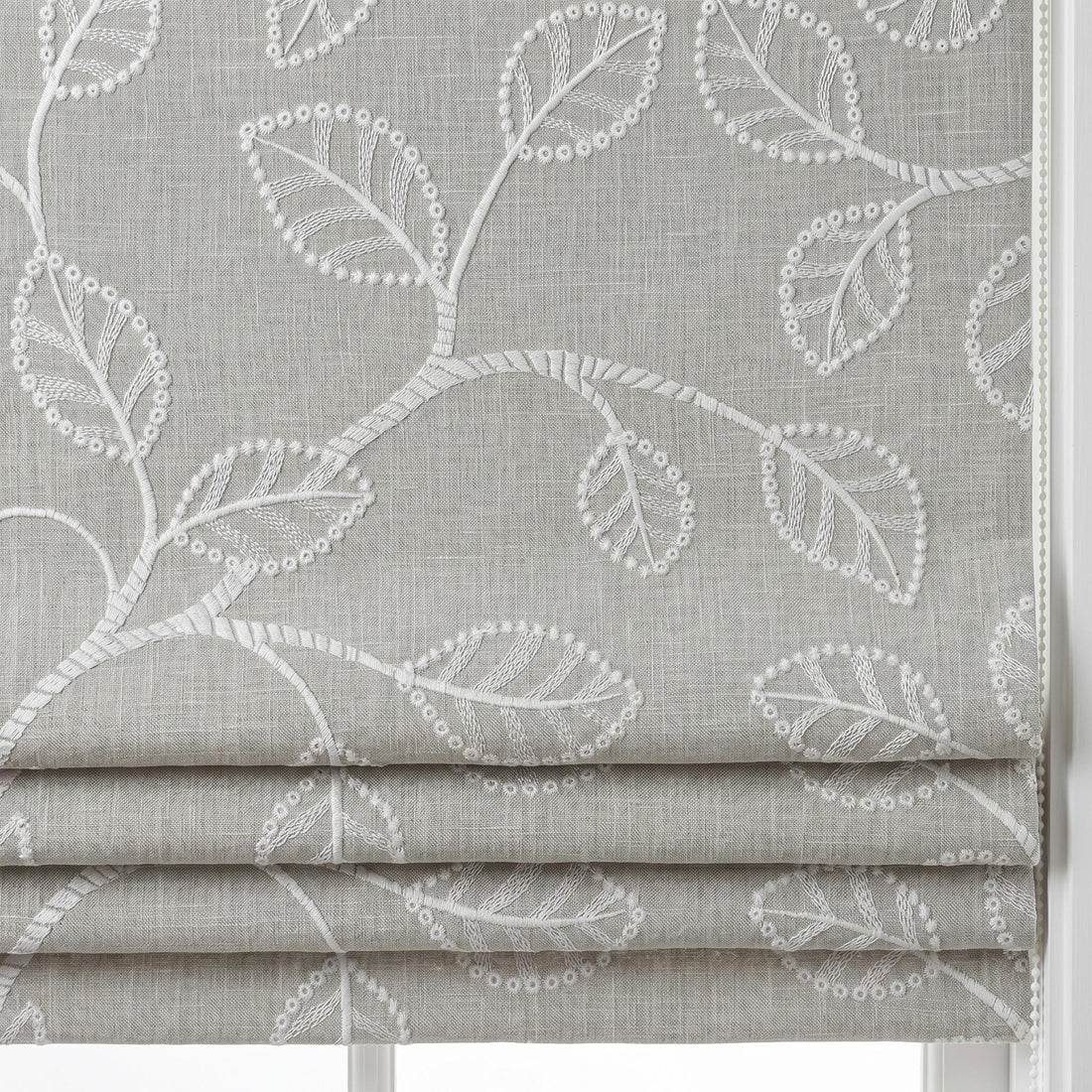 Ivory Leaf Vine Embroidered Linen Roman Shade, Custom Blackout or Cotton Lined Corded Window Blind, Dove Grey Blind — image 1