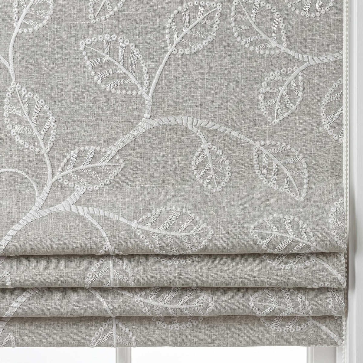 Ivory Leaf Vine Embroidered Linen Roman Shade, Custom Blackout or Cotton Lined Corded Window Blind, Dove Grey Blind — image 1