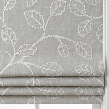Ivory Leaf Vine Embroidered Linen Roman Shade, Custom Blackout or Cotton Lined Corded Window Blind, Dove Grey Blind — image 1
