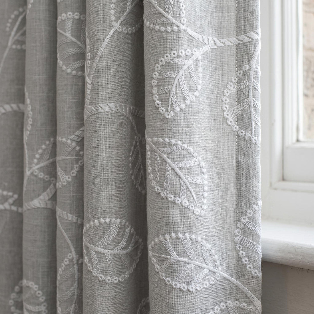 Ivory White Leaf Vine Embroidered Linen Curtains, Soft Grey Heavy Drapes, Custom Blackout Cotton Lined Panels — image 1