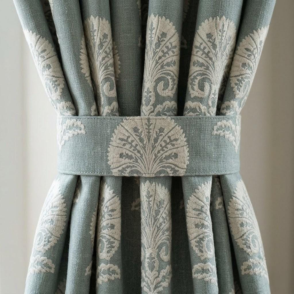 Dusty Blue Grey Linen Curtains, Ivory Damask Embroidered Drapes, Heavy Linen Blackout Panels, Custom Window Curtains — image 2