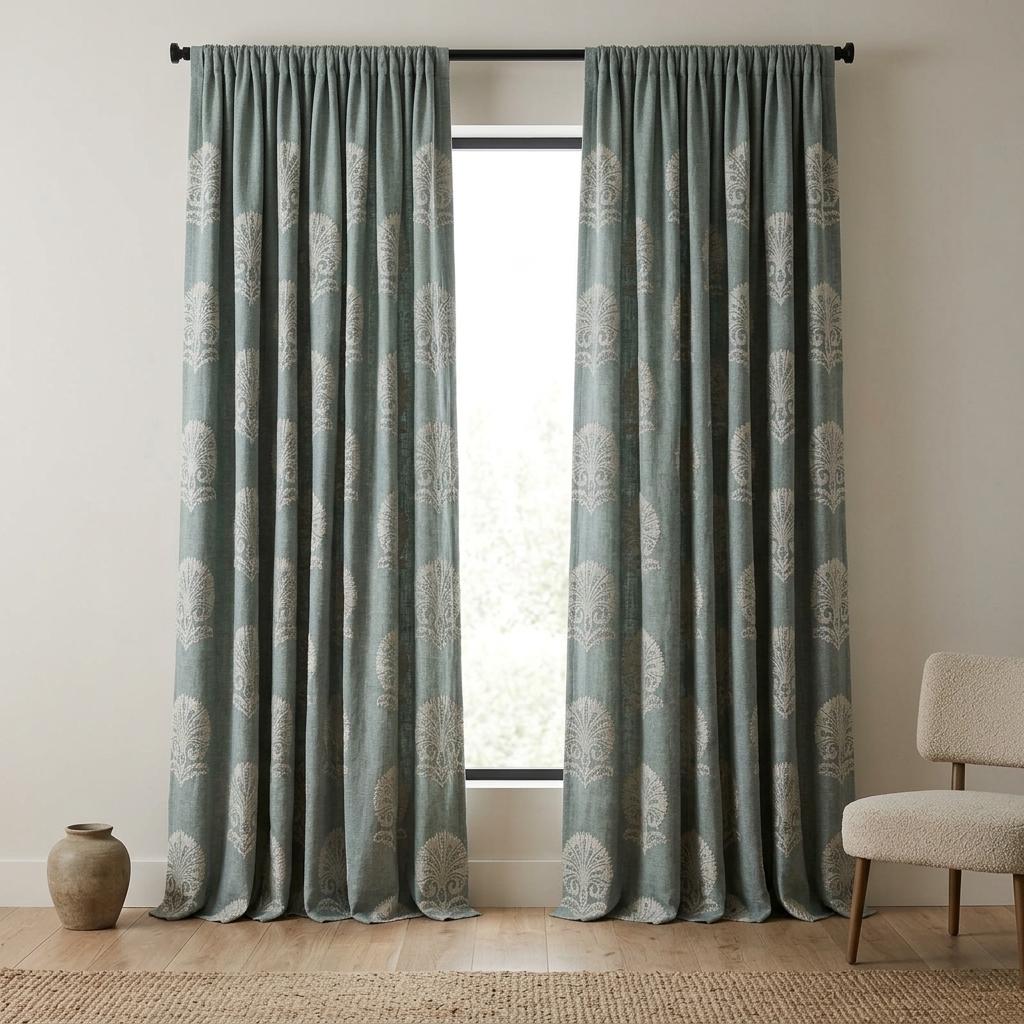 Dusty Blue Grey Linen Curtains, Ivory Damask Embroidered Drapes, Heavy Linen Blackout Panels, Custom Window Curtains — image 5