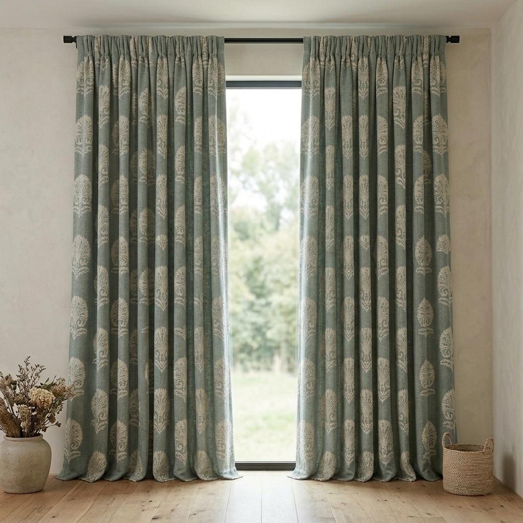 Dusty Blue Grey Linen Curtains, Ivory Damask Embroidered Drapes, Heavy Linen Blackout Panels, Custom Window Curtains — image 8