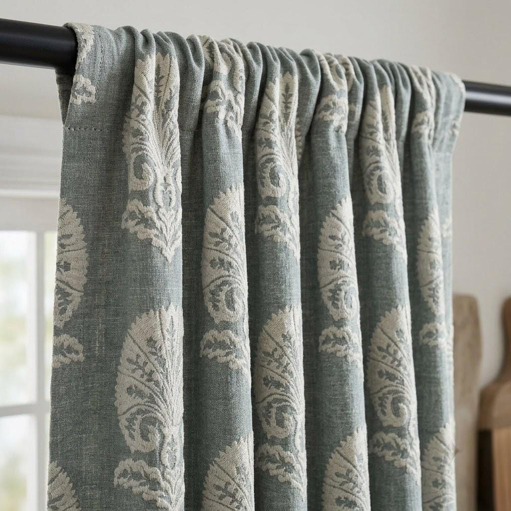 Dusty Blue Grey Linen Curtains, Ivory Damask Embroidered Drapes, Heavy Linen Blackout Panels, Custom Window Curtains — image 4