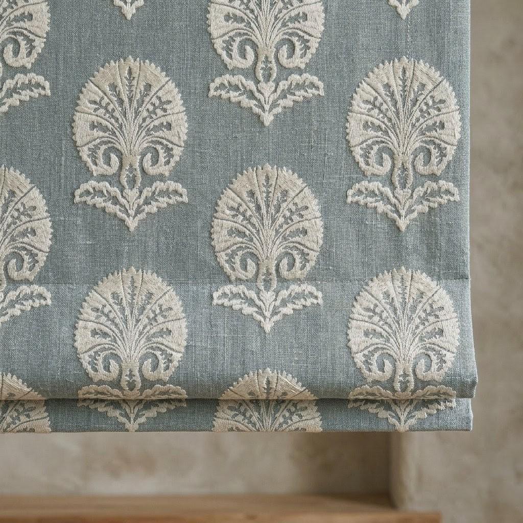 Slate Blue Gray Linen Roman Shade, Ivory Embroidered Damask Roman Blind, Custom Corded Blackout or Cotton Lined Window Shade — image 2