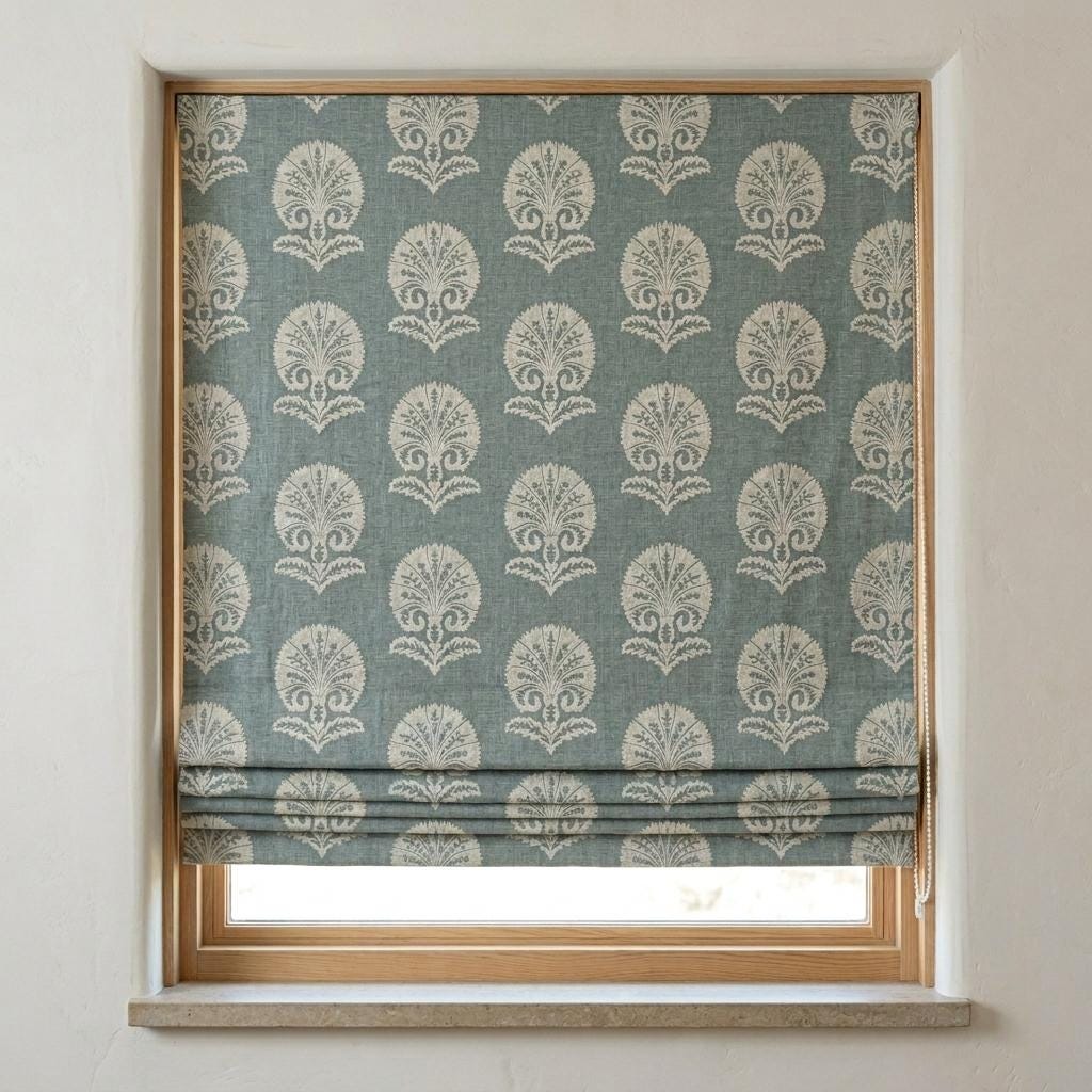 Slate Blue Gray Linen Roman Shade, Ivory Embroidered Damask Roman Blind, Custom Corded Blackout or Cotton Lined Window Shade — image 3