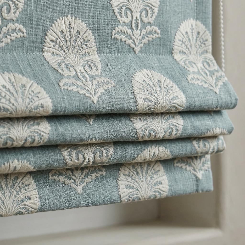 Slate Blue Gray Linen Roman Shade, Ivory Embroidered Damask Roman Blind, Custom Corded Blackout or Cotton Lined Window Shade — image 5