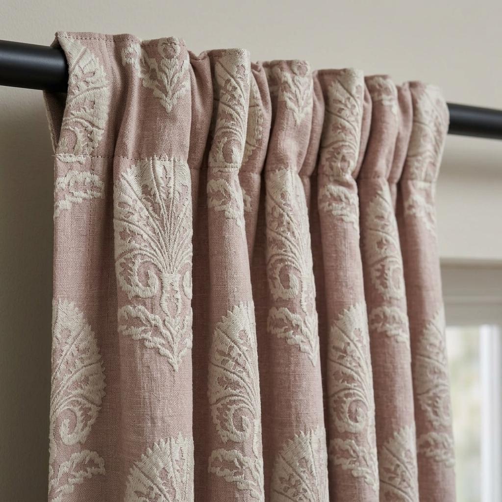 Dusty Rose Taupe Linen Curtains, Ivory Damask Embroidered Drapes, Heavy Linen Blackout Custom Panels — image 9